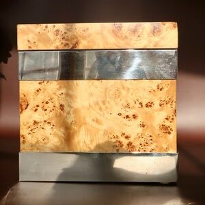 Vintage Tommaso Barbi Italian Burlwood Veneer Chrome Square Ice bucket 1970s